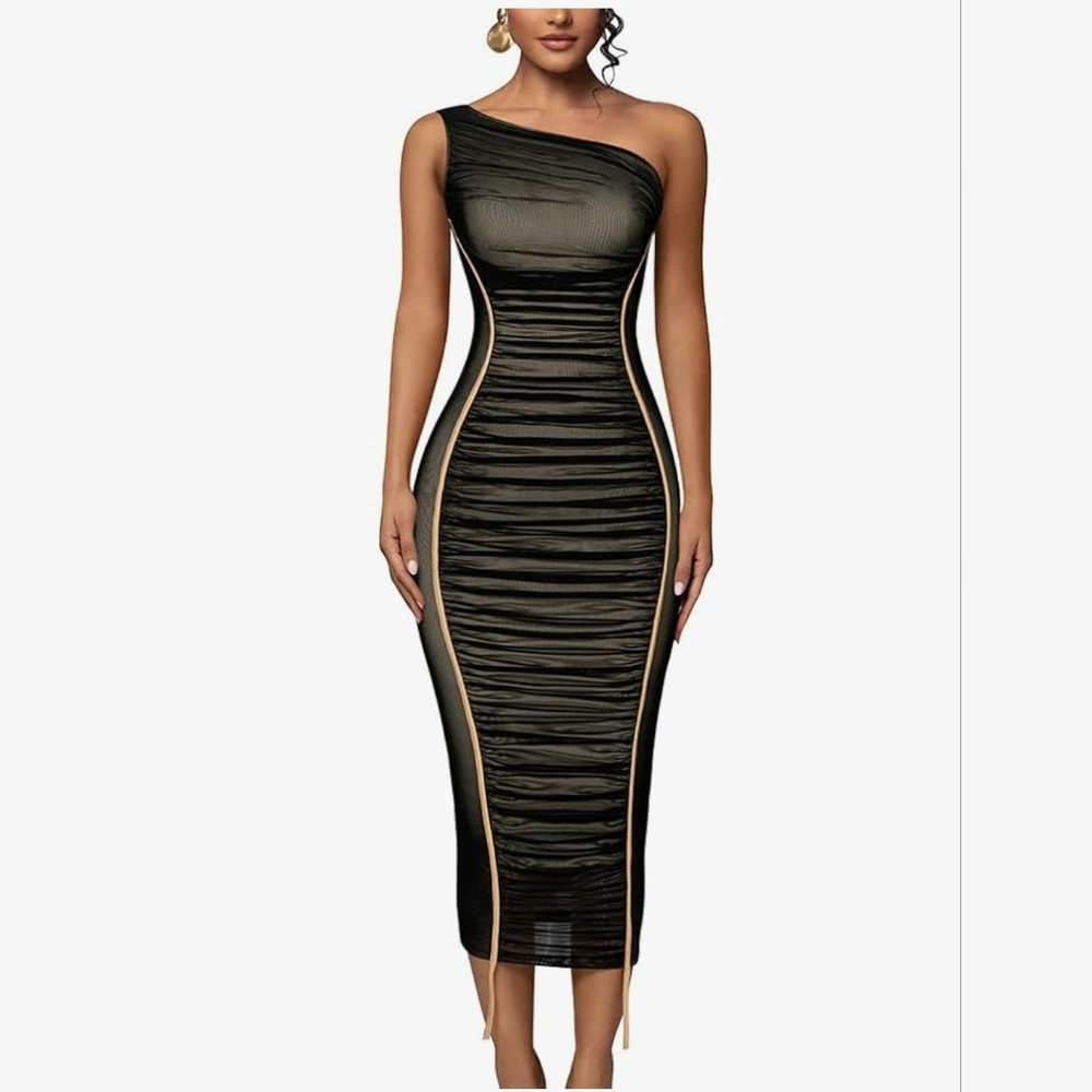 Black & Gold Bodycon Ruched One Shoulder Midi Dress Size L/12